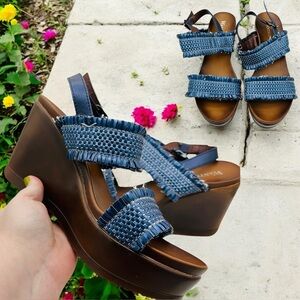 Vintage Fringe Woven Ankle Strap Open Toe Platform Wedge Sandal Navy Brown 8